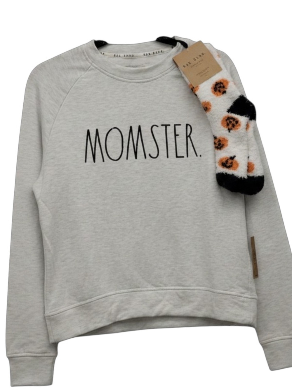 Rae Dunn Light Gray "MOMSTER." Top with Fuzzy Pumpkin Socks NWOT